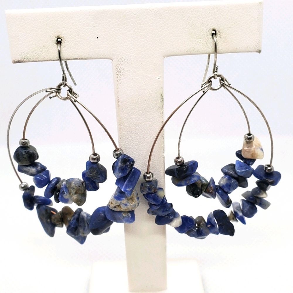 Sodalite Chip Dangling Two-Layer Hoop Earrings